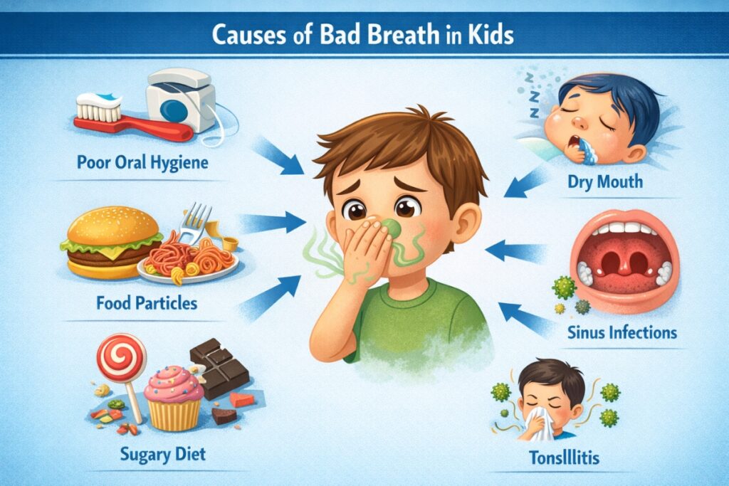 Infographic showing most common causes of bad breath in kids