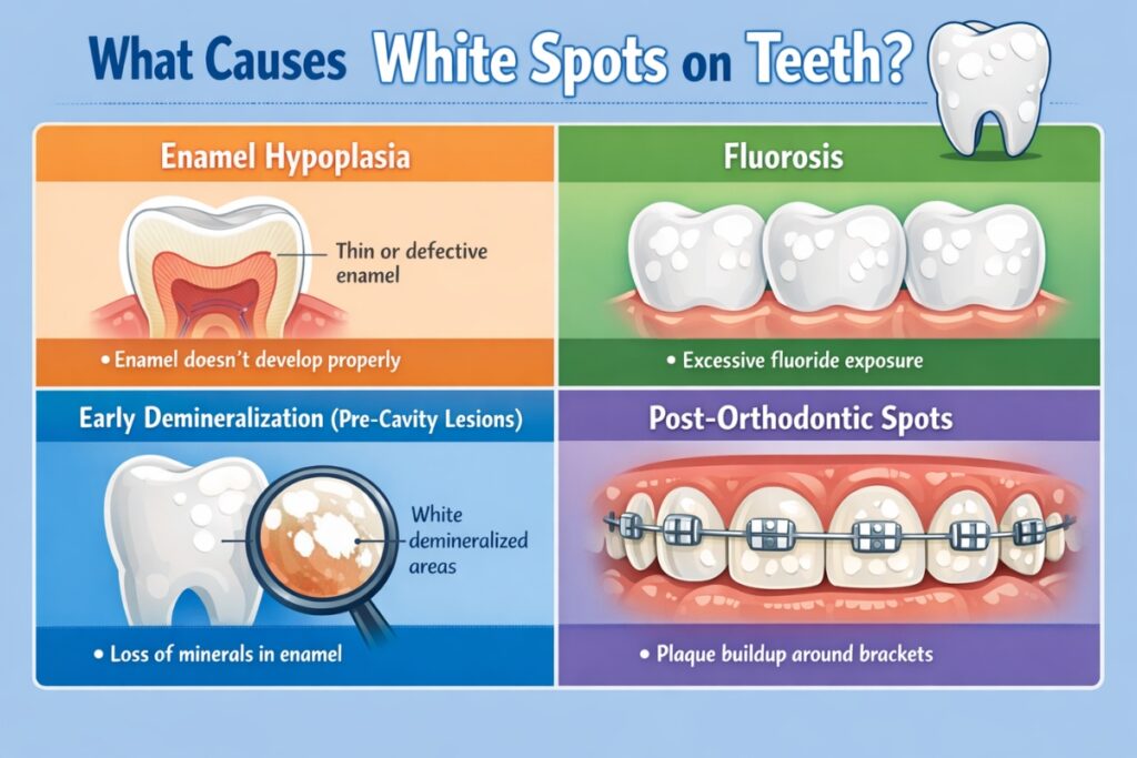White spots on teeth can cause due to enamel hypoplasia, flurosis, pre-cavity lesions, post-orthodontic spots